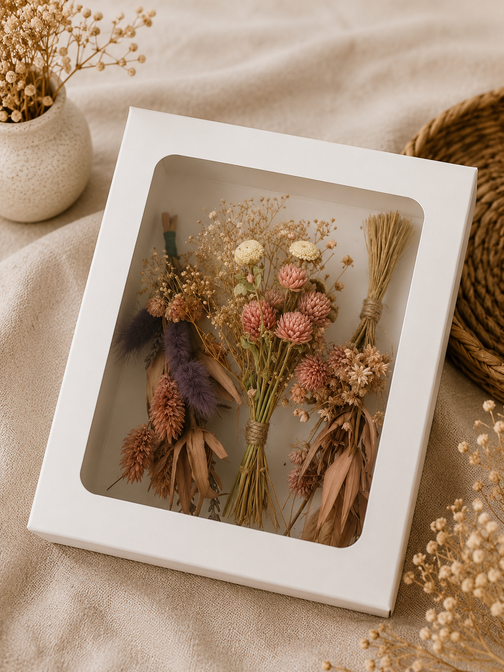 Dried Flower Bundle - Boxed Botanical Arrangement, Coral & Rust (100+ Stems)