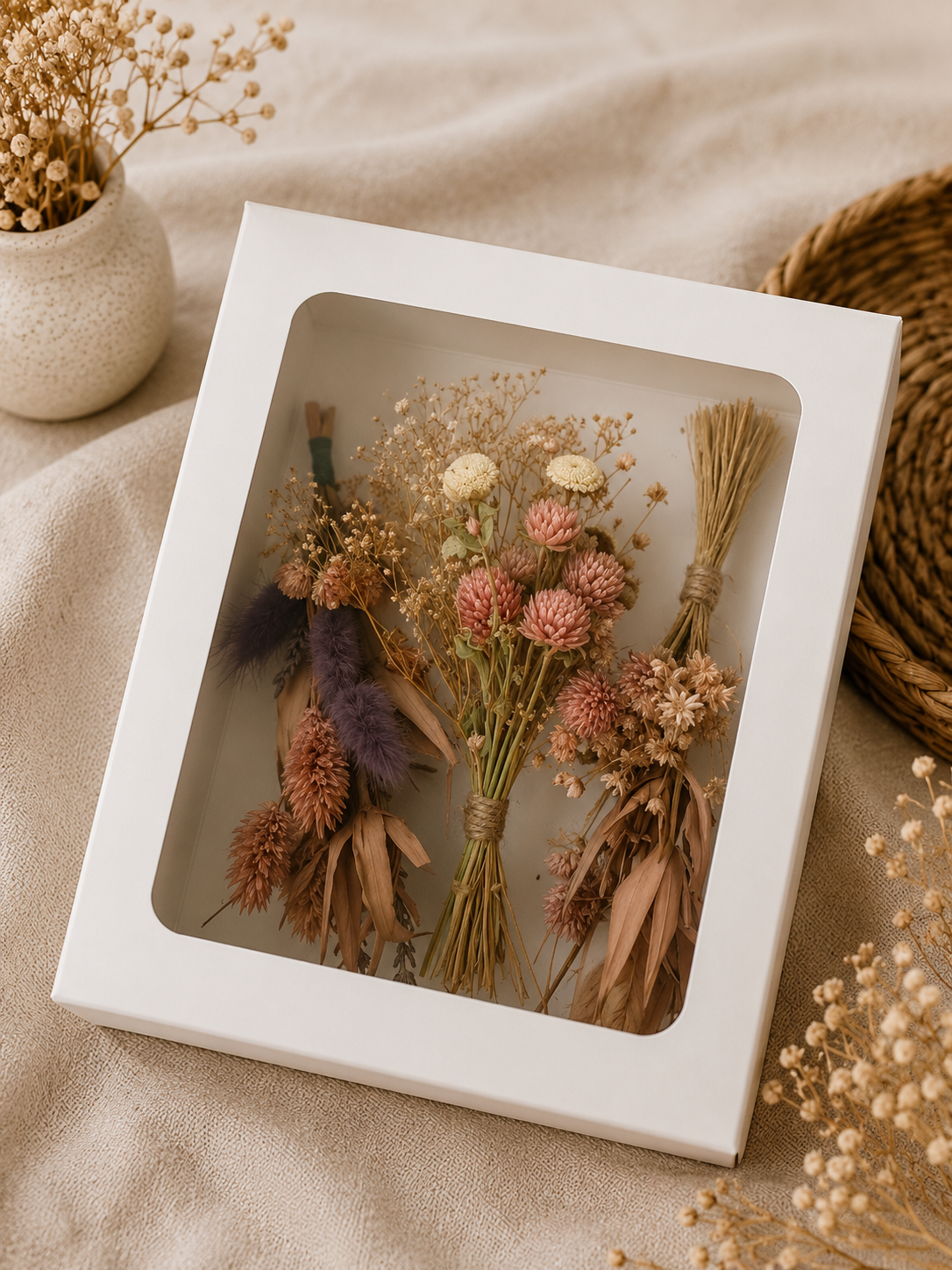 Dried Flower Bundle - Boxed Botanical Arrangement, Coral & Rust (100+ Stems)