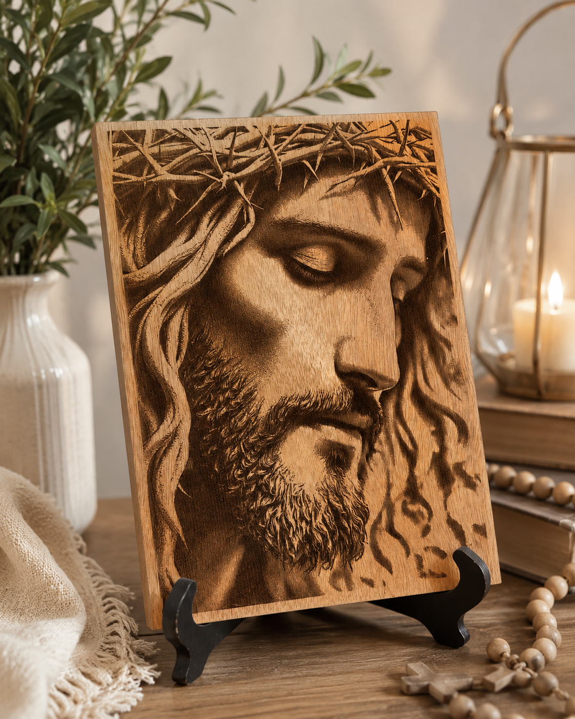 Wood Engraved Jesus Portrait - Crown of Thorns - 9x12 One of a Kind