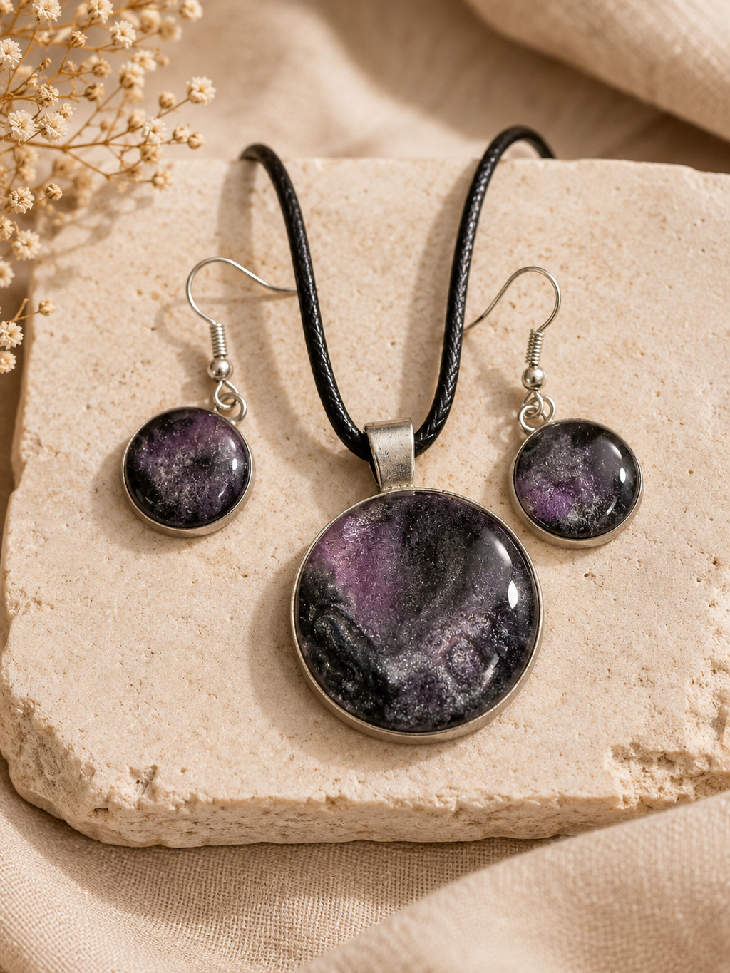 Marbled Galaxy Resin Pendant Necklace & Earrings Set