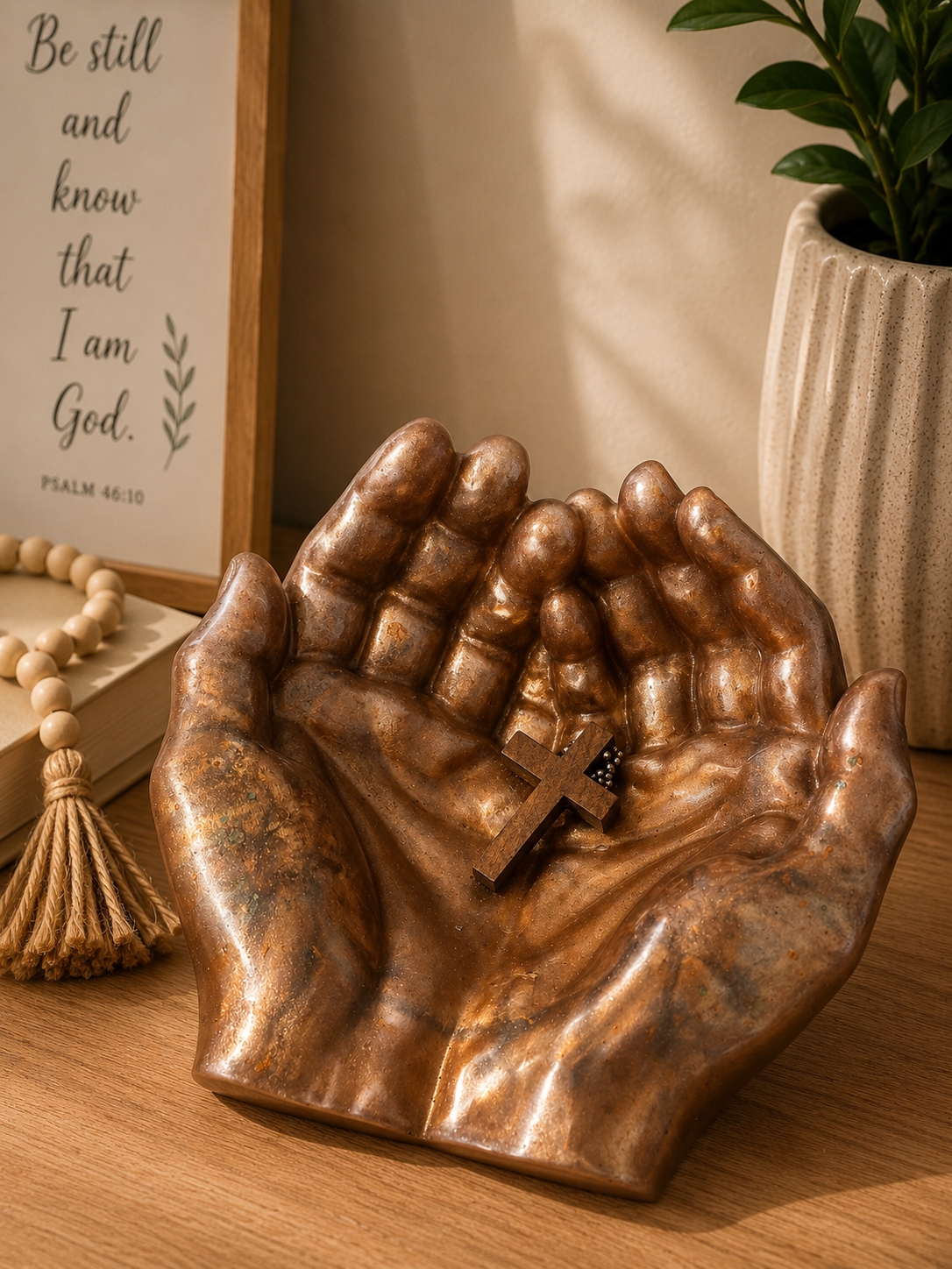 Light Bronze Open Palms Resin Prayer Hands with Cross