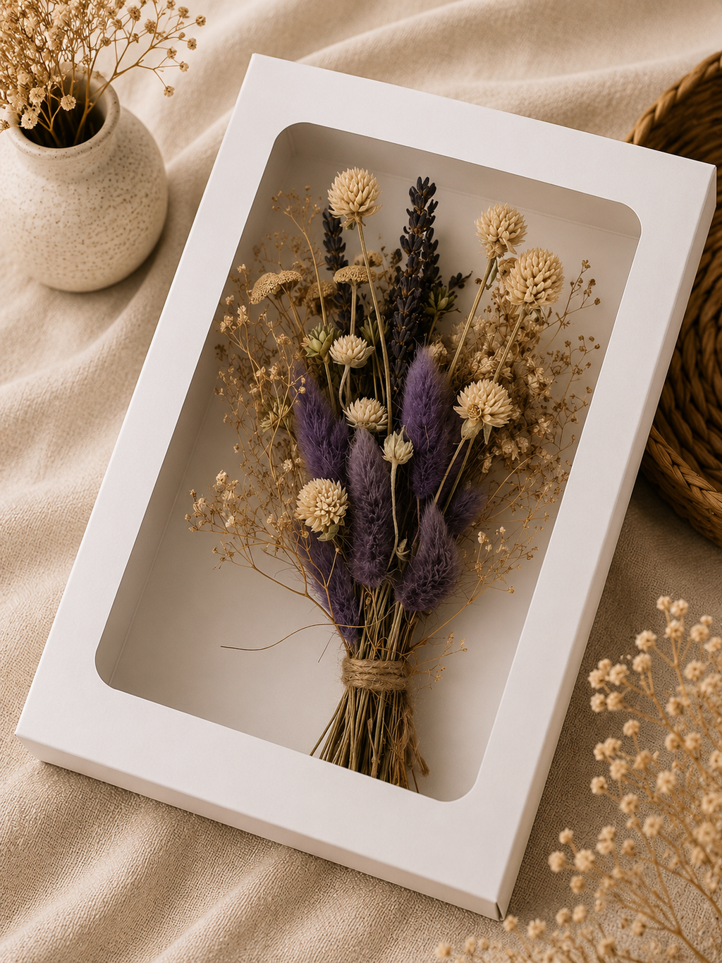 Dried Flower Bundle - Boxed Botanical Arrangement, Lavender & Purple (50+ Stems, 8in)