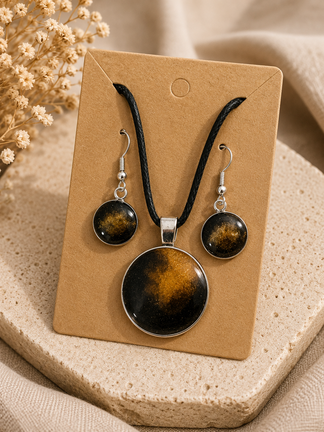 Golden Amber Resin Pendant Necklace & Earrings Set