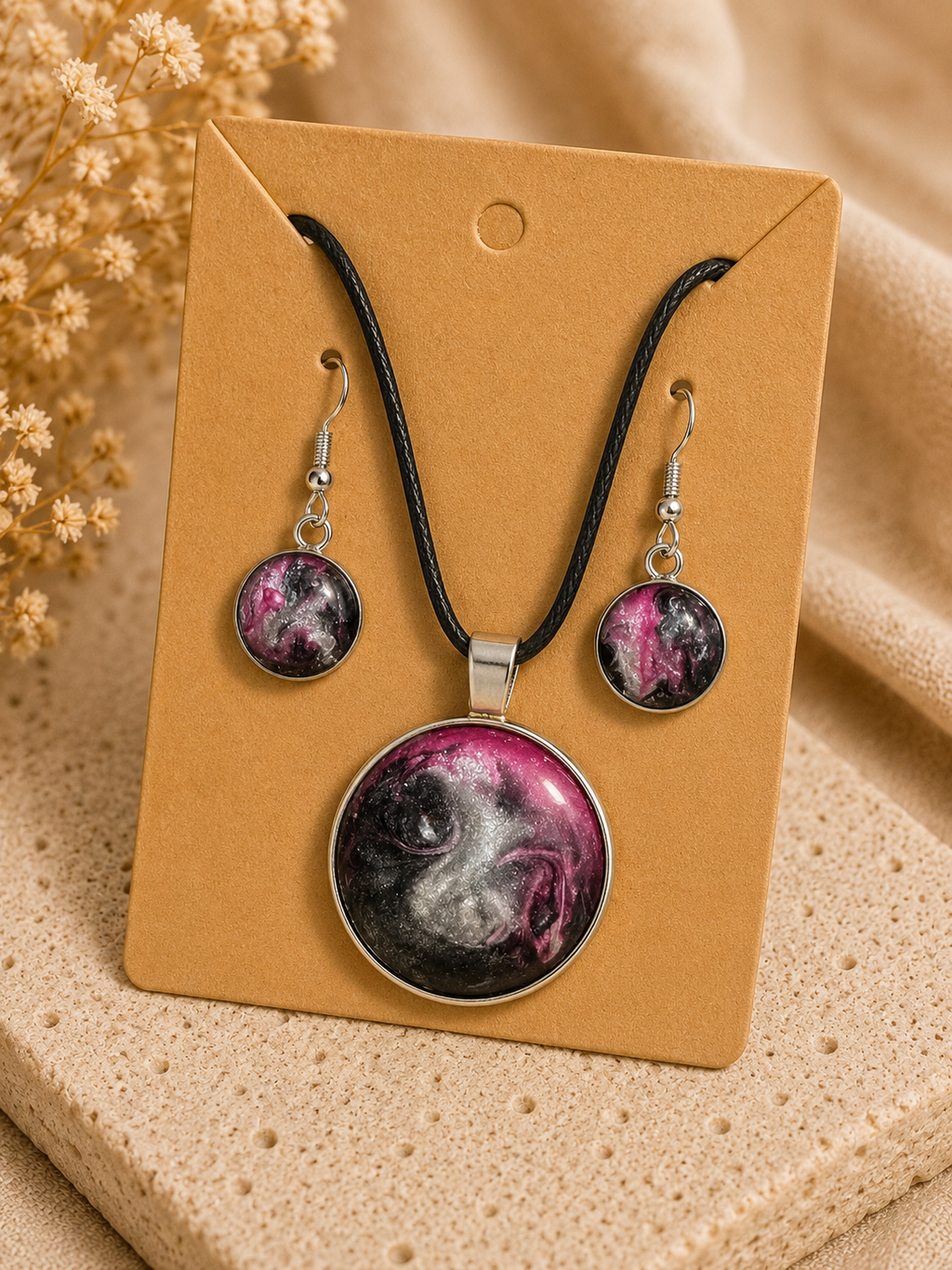 Marbled Galaxy Resin Pendant Necklace & Earrings Set