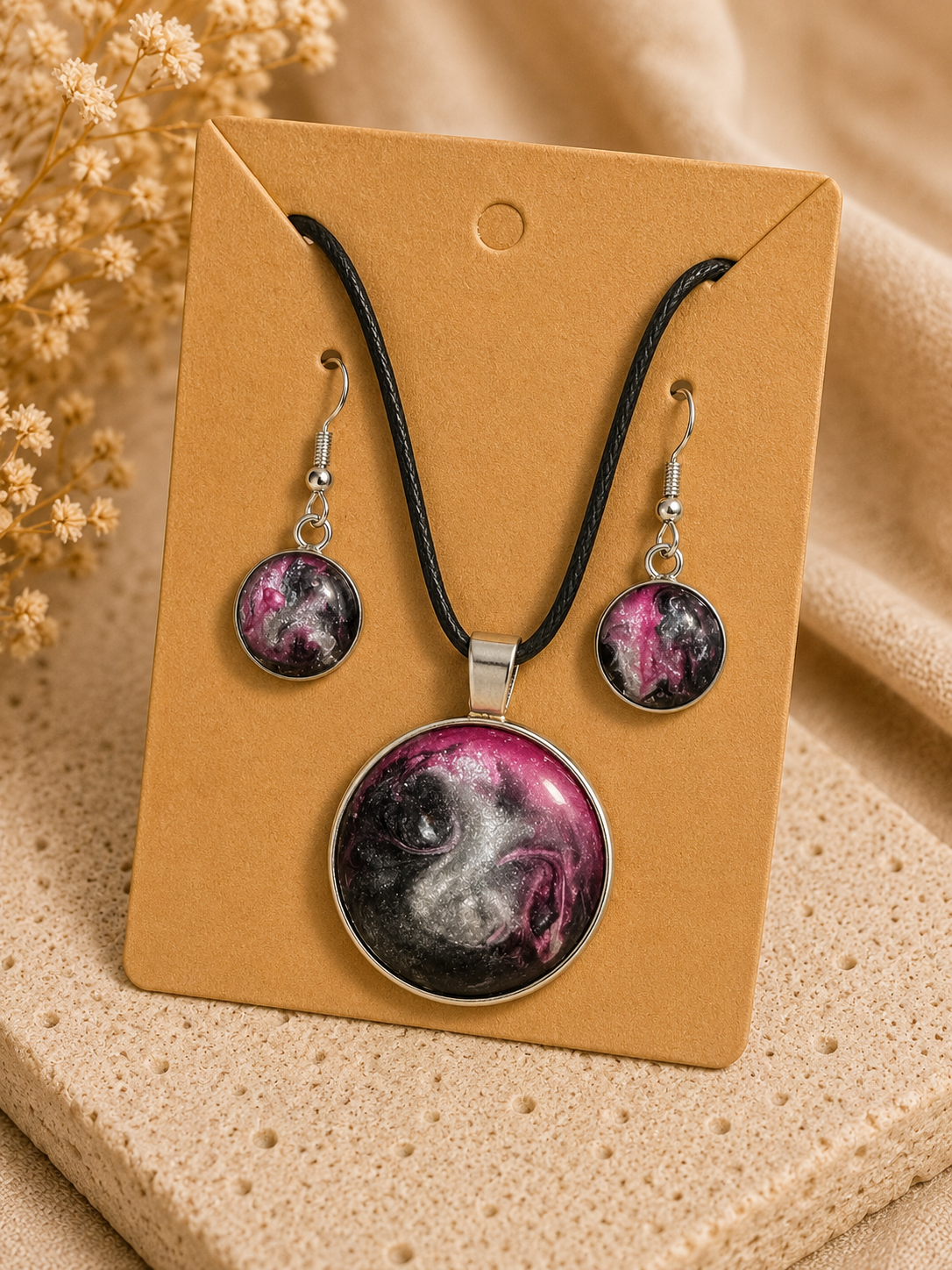 Marbled Galaxy Resin Pendant Necklace & Earrings Set