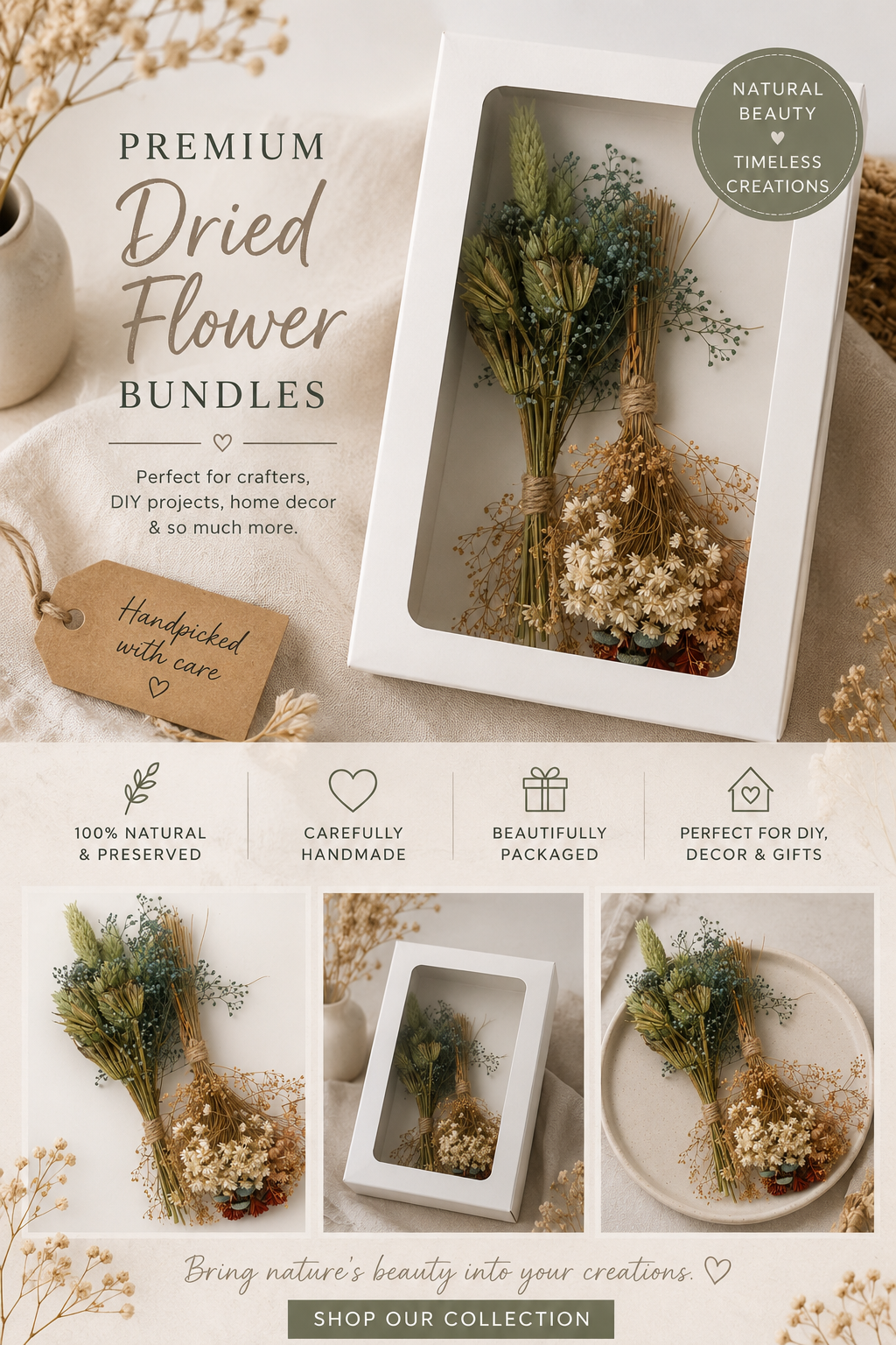 Dried Flower Bundle Duo - Boxed Botanical Set, Sage & Cream
