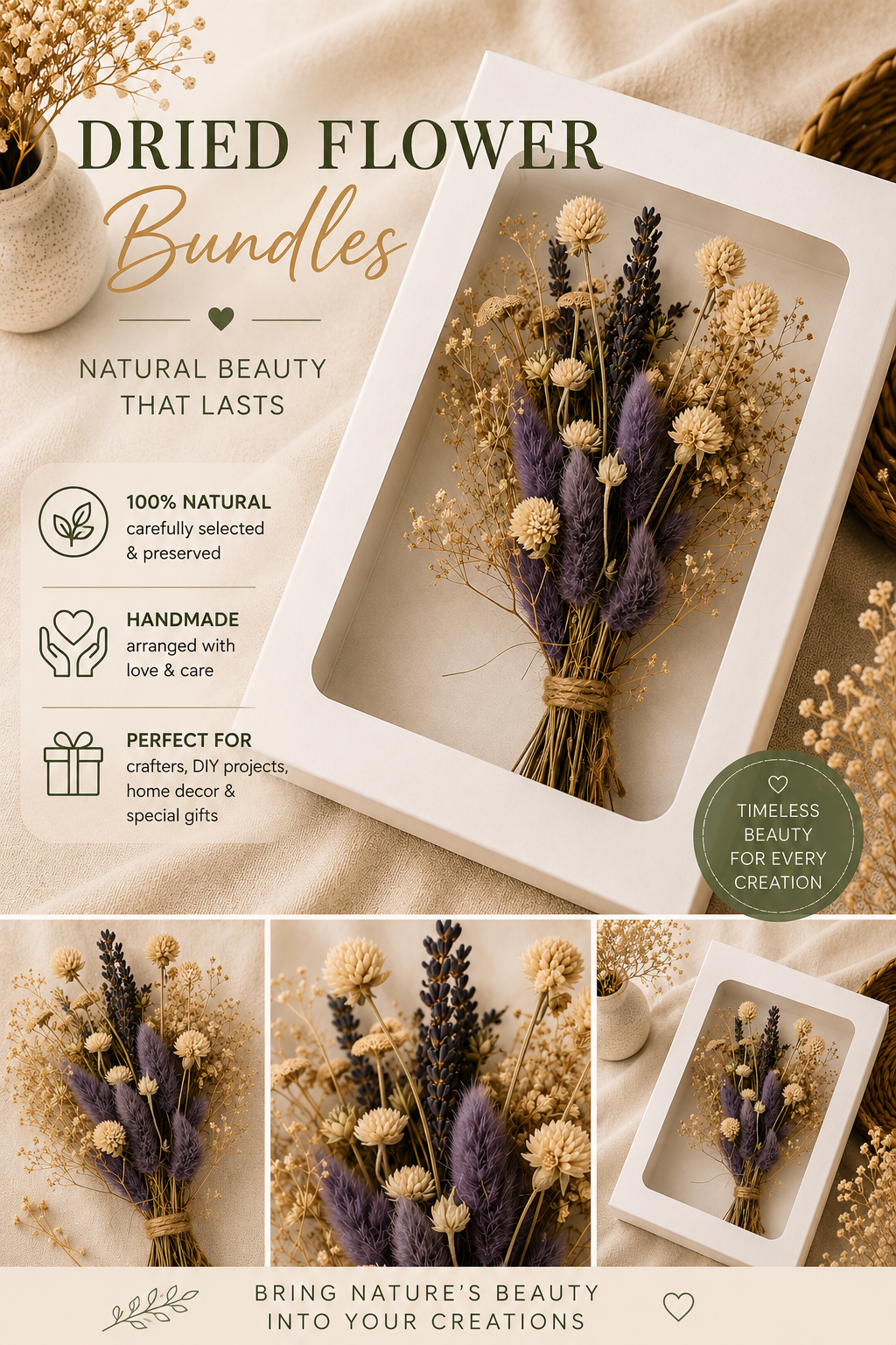 Dried Flower Bundle - Boxed Botanical Arrangement, Lavender & Purple (50+ Stems, 8in)