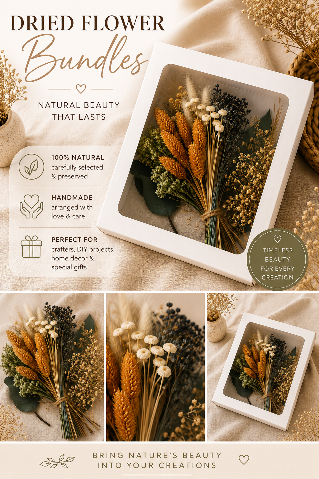 Dried Flower Bundle - Boxed Botanical Arrangement, Autumn Wheat  (100+ Stems)