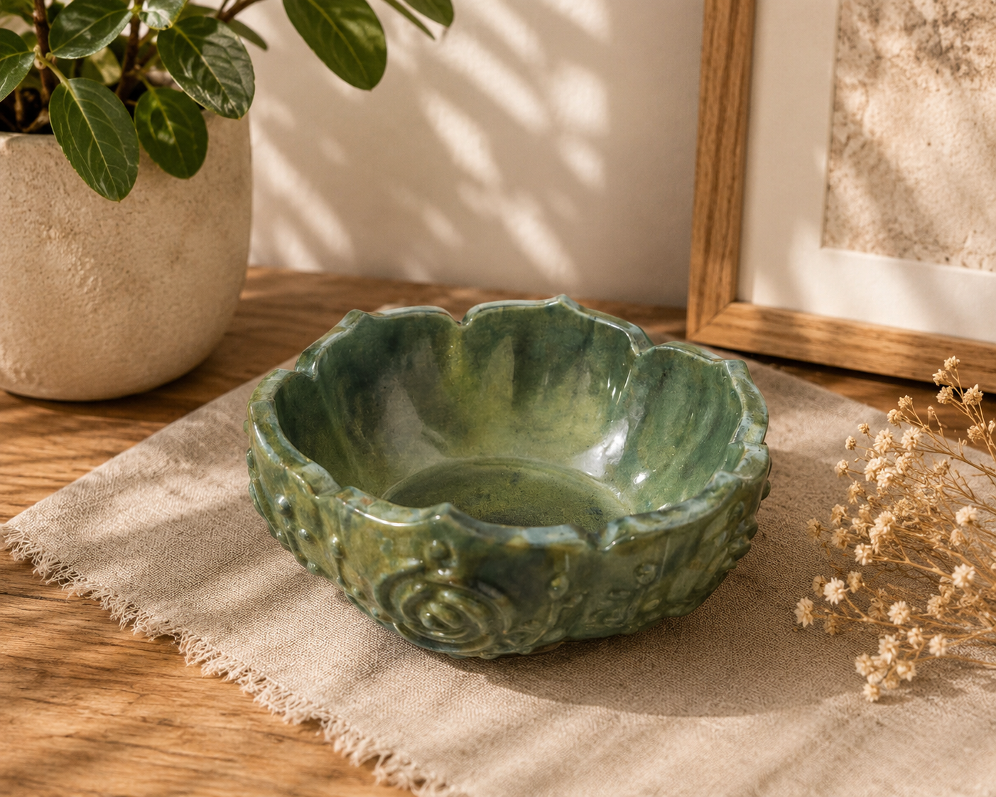 Moss Green Scalloped Ceramic Trinket Dish
