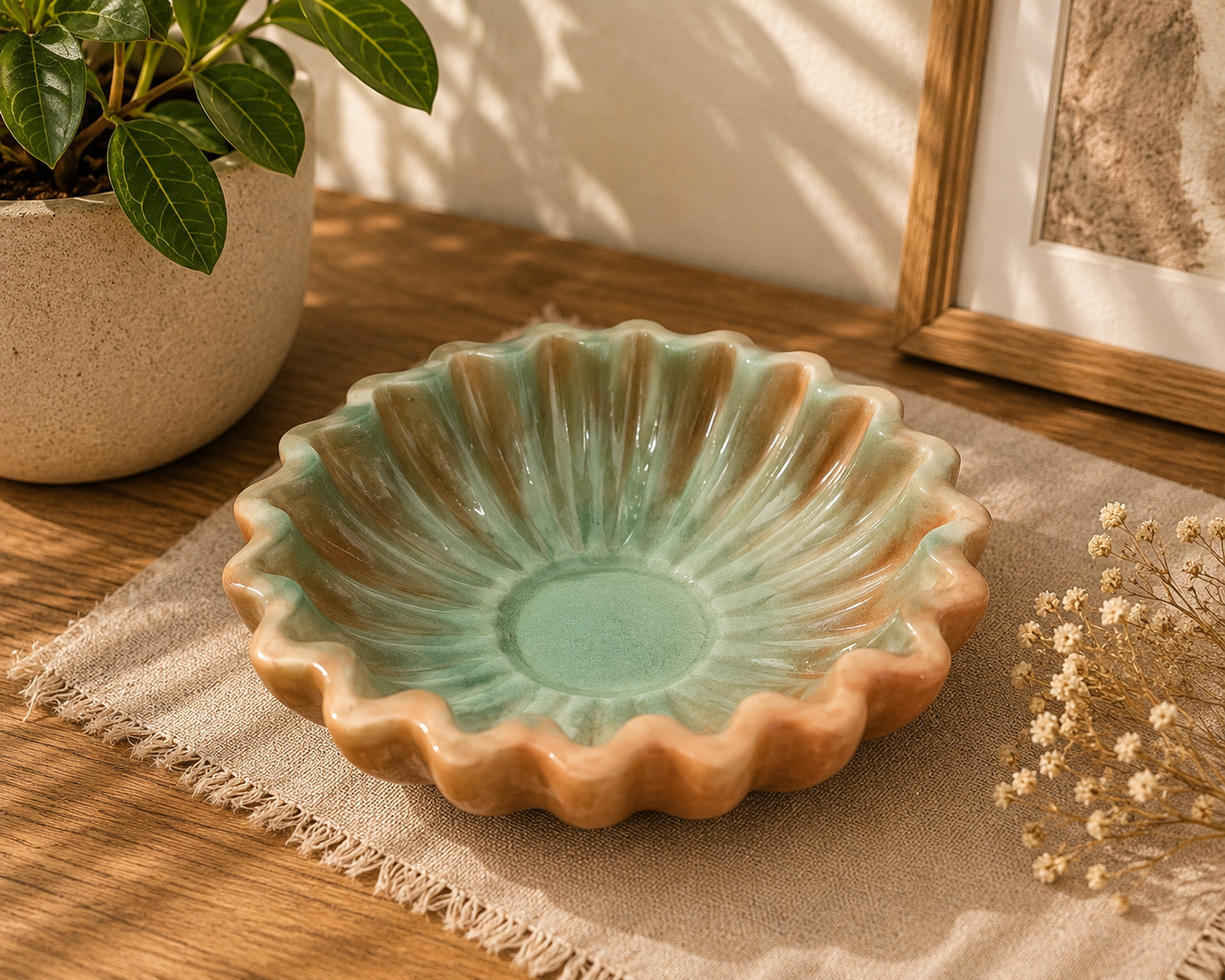 Scalloped Sage Ceramic Trinket Dish