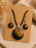 Golden Amber Resin Pendant Necklace & Earrings Set