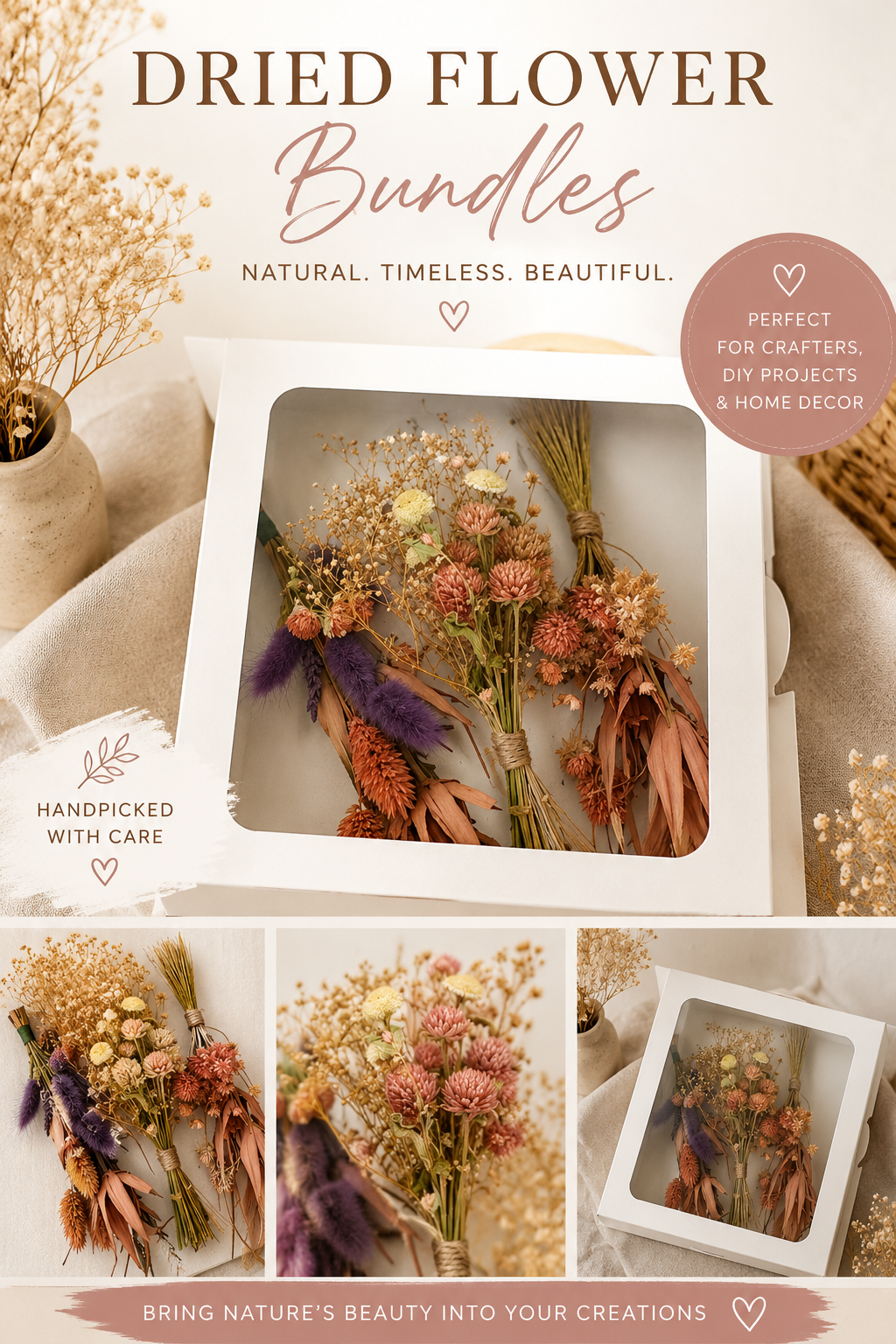 Dried Flower Bundle - Boxed Botanical Arrangement, Coral & Rust (100+ Stems)