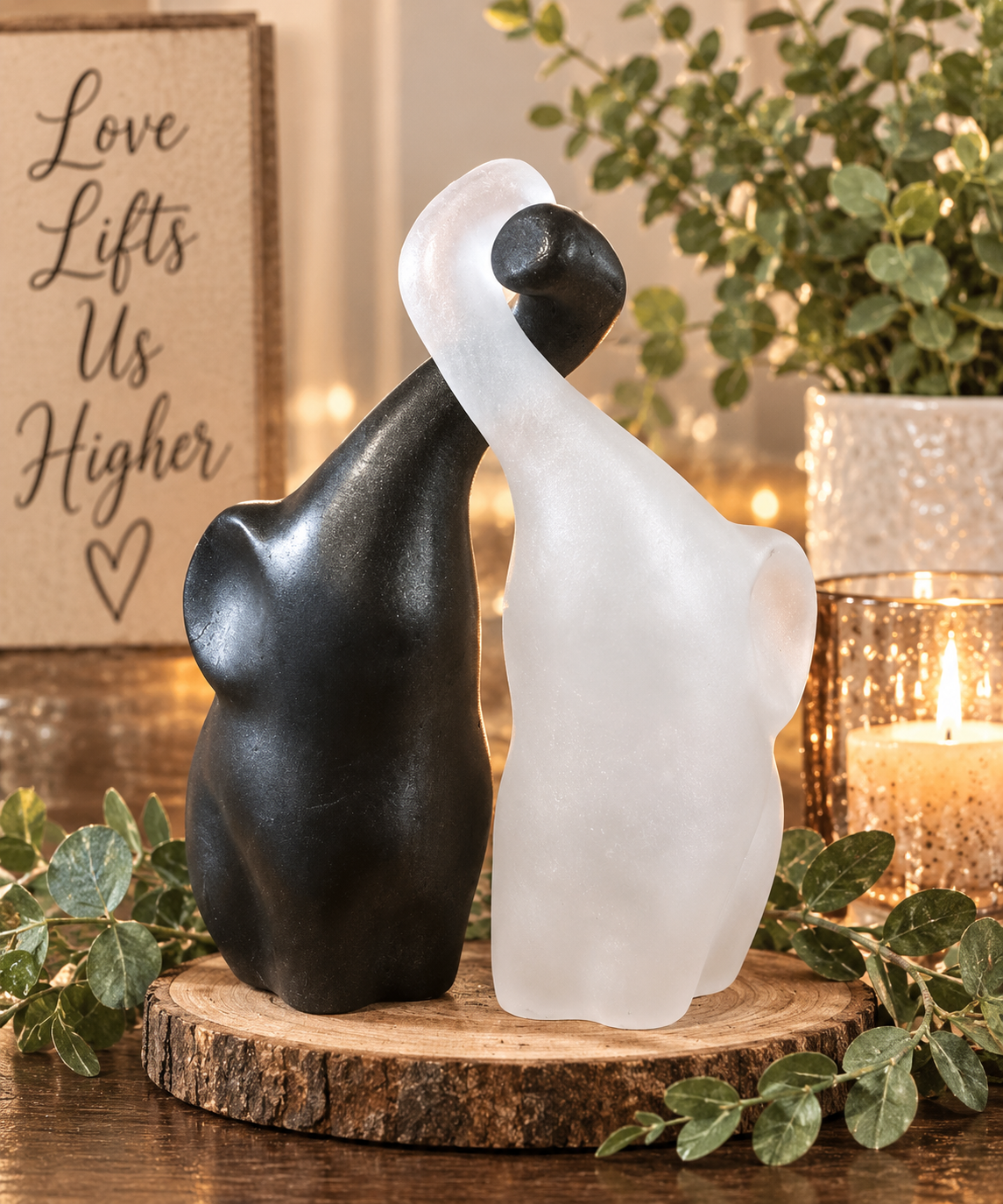 Abstract Elephant Couple Sculpture - Black & Frosted White (3in)